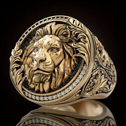 Luxury Men's Vintage Gold Plated Lion Of Judah Cubic Zirconia Ring