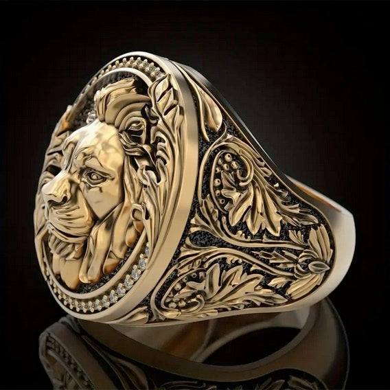 Luxury Men's Vintage Gold Plated Lion Of Judah Cubic Zirconia Ring