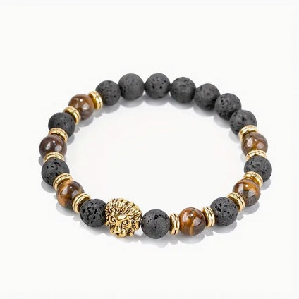 Men's Lion Of Judah Head Stretch Bracelet with Tiger Eye Stone