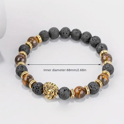 Men's Lion Of Judah Head Stretch Bracelet with Tiger Eye Stone