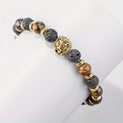 Men's Lion Of Judah Head Stretch Bracelet with Tiger Eye Stone