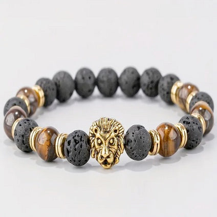 Men's Lion Of Judah Head Stretch Bracelet with Tiger Eye Stone
