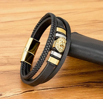 Three Layer Golden Lion of Judah Leather Bracelet