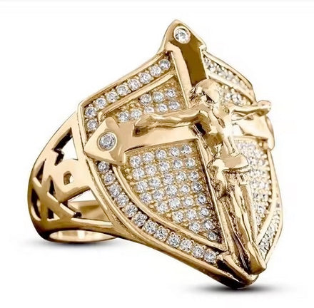18K Gold Plated Men's Faith Cross Cubic Zerconia Shield Ring
