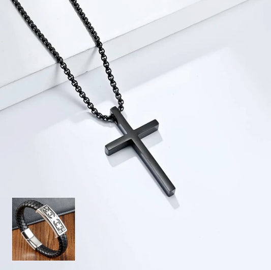 Black Minimalist Cross And Knight Tempar Cross Bracelet Set