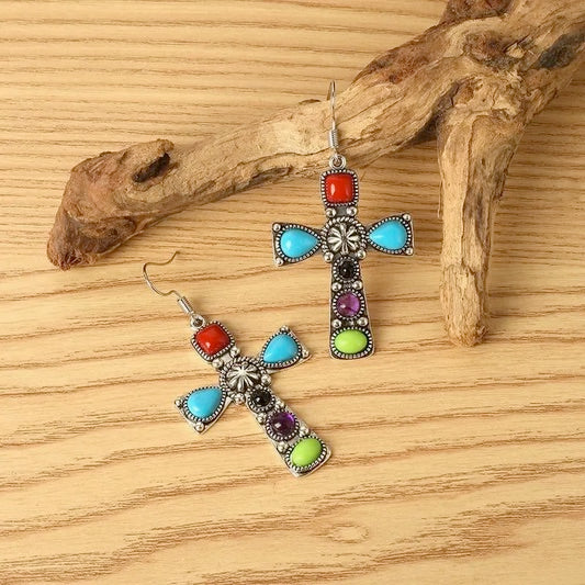 Colored Stone Drop Cross Earrings Retro Ethnic