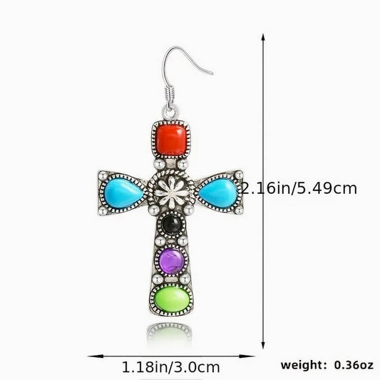 Colored Stone Drop Cross Earrings Retro Ethnic