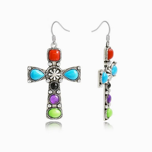 Colored Stone Drop Cross Earrings Retro Ethnic