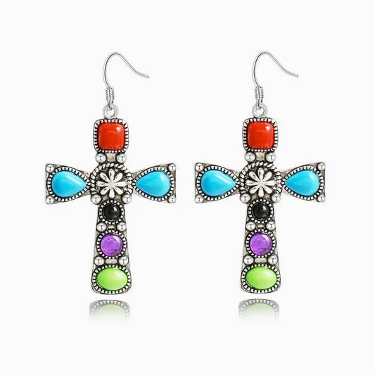 Colored Stone Drop Cross Earrings Retro Ethnic