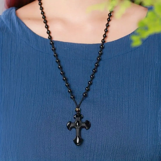 Black Obsidian Stone Cross Necklace On Black Beaded Chain