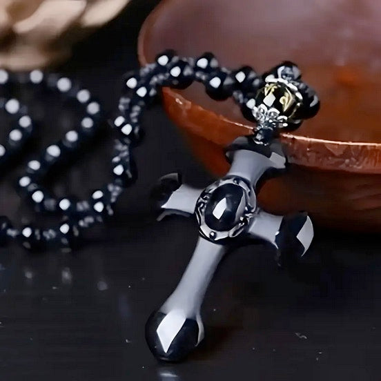 Black Obsidian Stone Cross Necklace On Black Beaded Chain