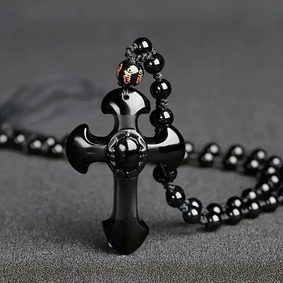 Black Obsidian Stone Cross Necklace On Black Beaded Chain