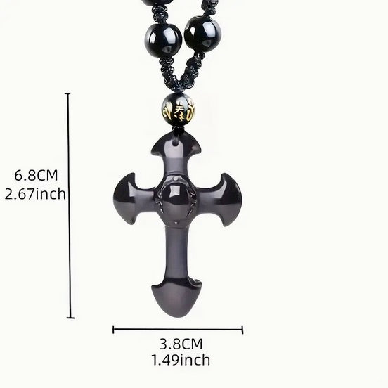 Black Obsidian Stone Cross Necklace On Black Beaded Chain