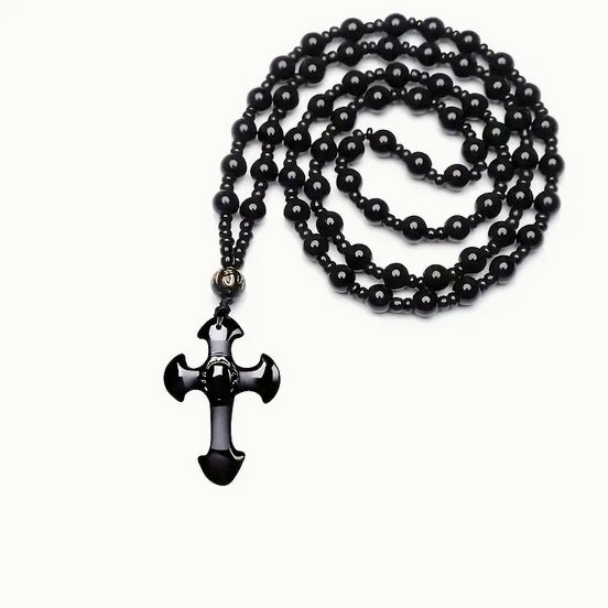 Black Obsidian Stone Cross Necklace On Black Beaded Chain