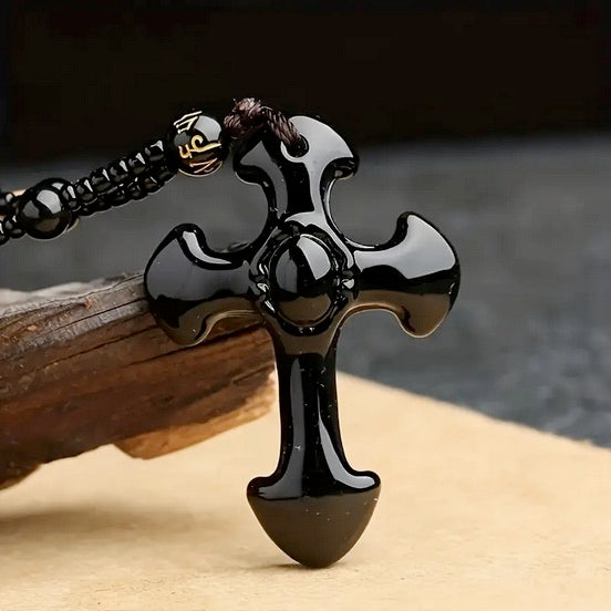 Black Obsidian Stone Cross Necklace On Black Beaded Chain