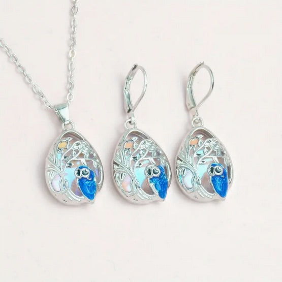 Blue Owl Tree Of Life Necklace And Earring Set