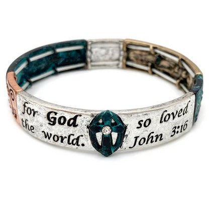 John 3:16 Cross Patina Tricolor Stretch Bracelet