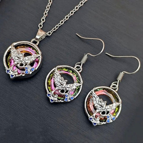 Colorful "On Fire" Glass Inlay Phoenix Necklace And Earring Set