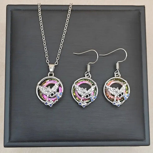 Colorful "On Fire" Glass Inlay Phoenix Necklace And Earring Set
