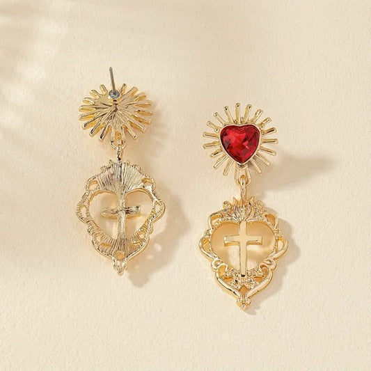 Hollow Out Heart & Cross French Style Charm Dangle Earrings