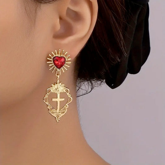 Hollow Out Heart & Cross French Style Charm Dangle Earrings