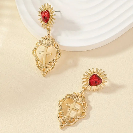 Hollow Out Heart & Cross French Style Charm Dangle Earrings