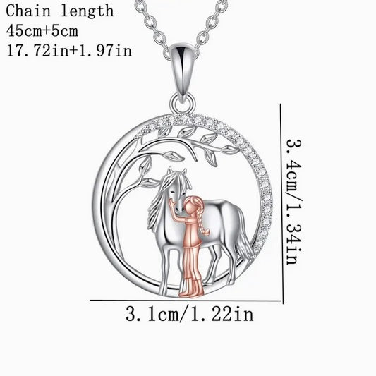 Two Tone Girl And Horse Necklace With CZs