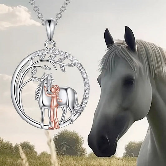 Two Tone Girl And Horse Necklace With CZs