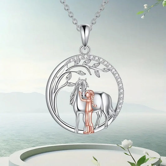 Two Tone Girl And Horse Necklace With CZs