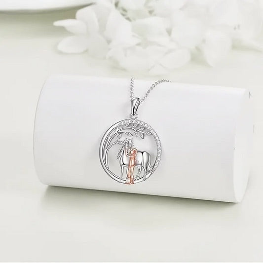 Two Tone Girl And Horse Necklace With CZs