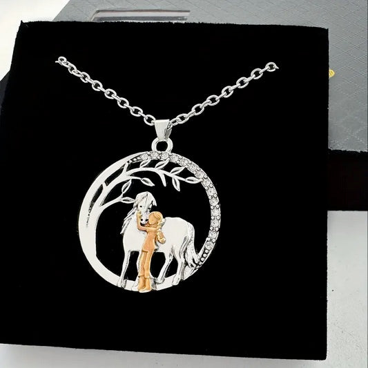 Two Tone Girl And Horse Necklace With CZs