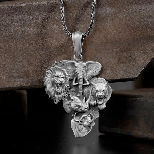 Vintage African Safari Animal Pendant Necklace - Alloy Lion, Elephant, and Rhinoceros Design