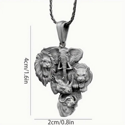 Vintage African Safari Animal Pendant Necklace - Alloy Lion, Elephant, and Rhinoceros Design