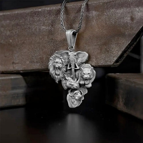 Vintage African Safari Animal Pendant Necklace - Alloy Lion, Elephant, and Rhinoceros Design