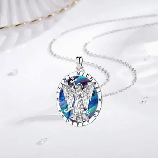 Men's Hollow Saint Michael Angel Abalone Shell Necklace
