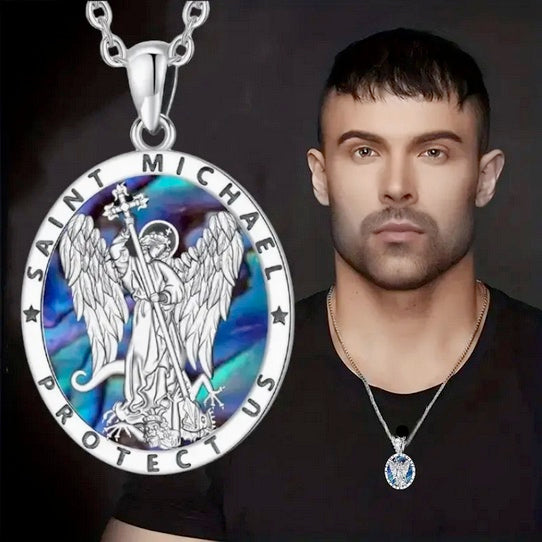 Men's Hollow Saint Michael Angel Abalone Shell Necklace