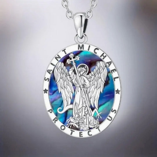 Men's Hollow Saint Michael Angel Abalone Shell Necklace