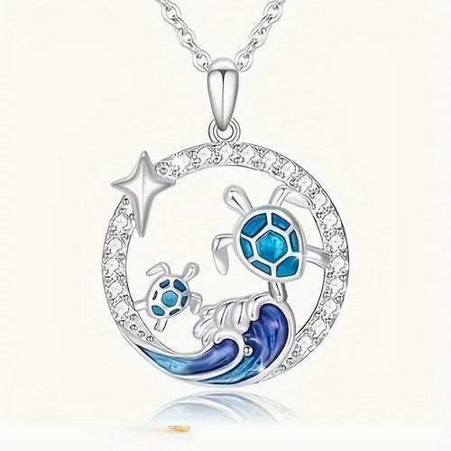 Ocean-Inspired Zirconia Sea Wave & Turtle Pendant Necklace