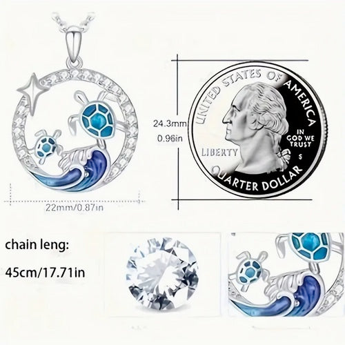 Ocean-Inspired Zirconia Sea Wave & Turtle Pendant Necklace