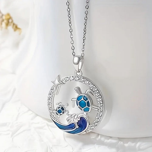 Ocean-Inspired Zirconia Sea Wave & Turtle Pendant Necklace