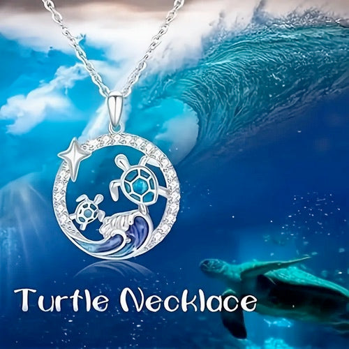 Ocean-Inspired Zirconia Sea Wave & Turtle Pendant Necklace