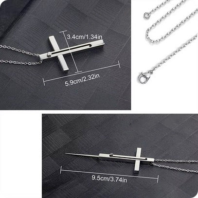 Personal Self Defense Stainless Steel Cross Necklace- Retractable Weapon