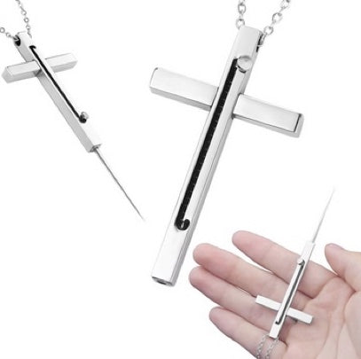 Personal Self Defense Stainless Steel Cross Necklace- Retractable Weapon