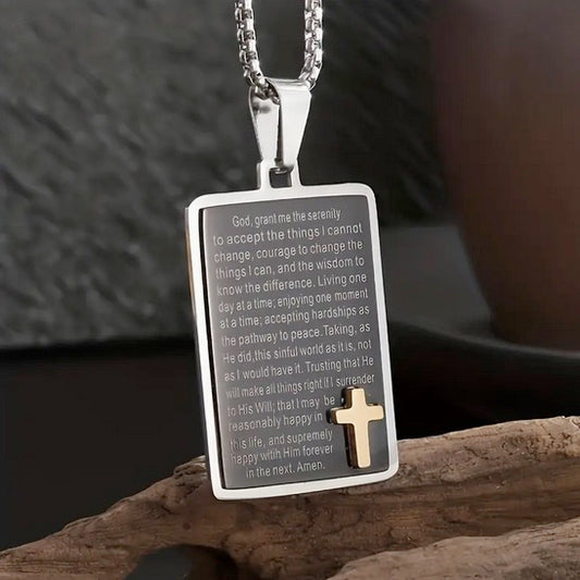 Stainless Steel Serenity Prayer Cross Amulet Necklace