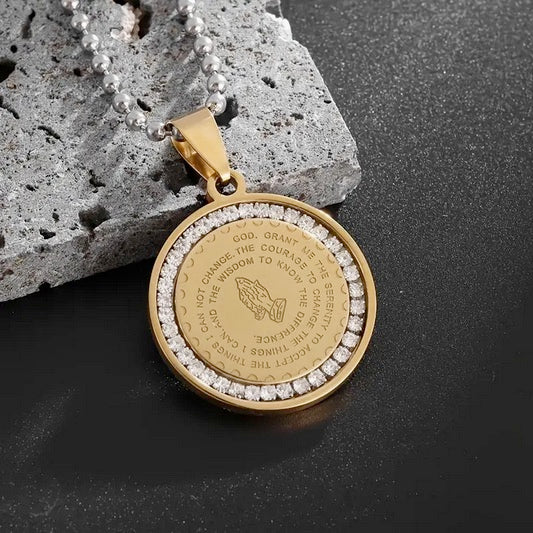 Serenity Prayer Praying Hands Disk Stainless Steel With Cubic Zirconias