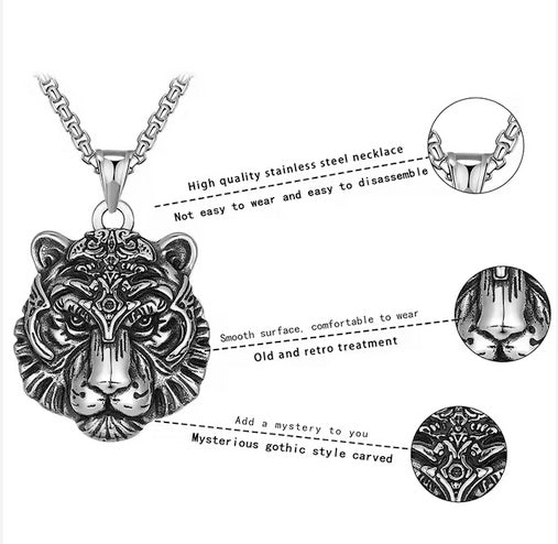 Silver Tiger Head Neckace With Nice 18 Inch Box Chain