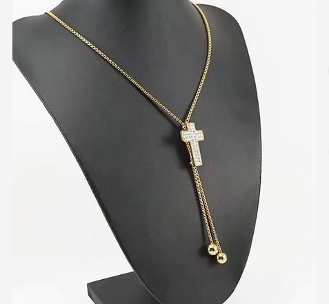 Stainless Steel 18K Gold Plated Non Tarnish Cross Slide Necklace With Cubic Zerconias