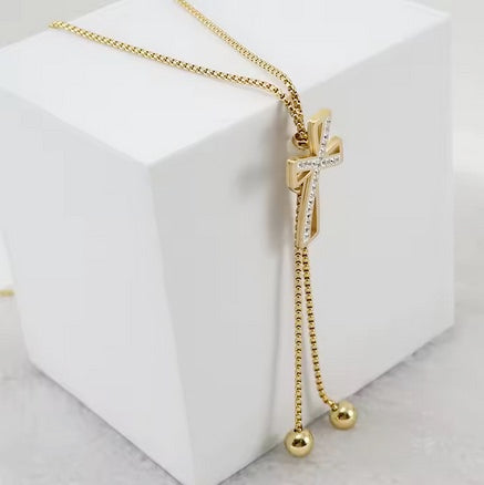 Stainless Steel 18K Gold Plated Non Tarnish Cross Slide Necklace With Cubic Zerconias