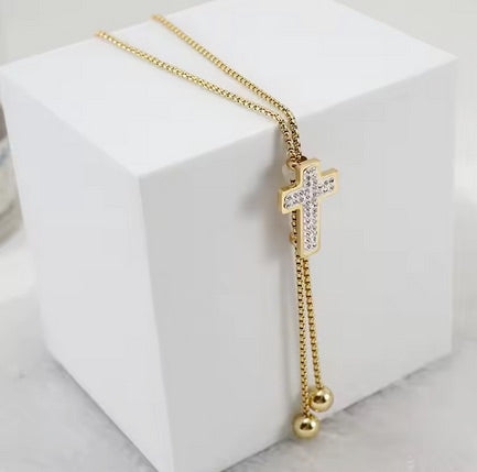 Stainless Steel 18K Gold Plated Non Tarnish Cross Slide Necklace With Cubic Zerconias