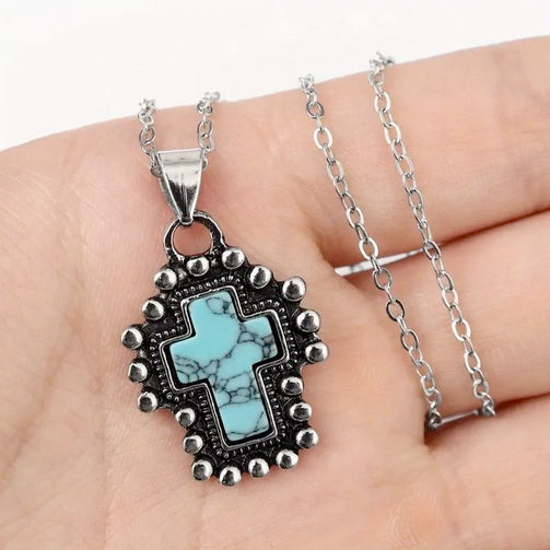 Stainless Steel Blue Stone Cross Pendant Necklace